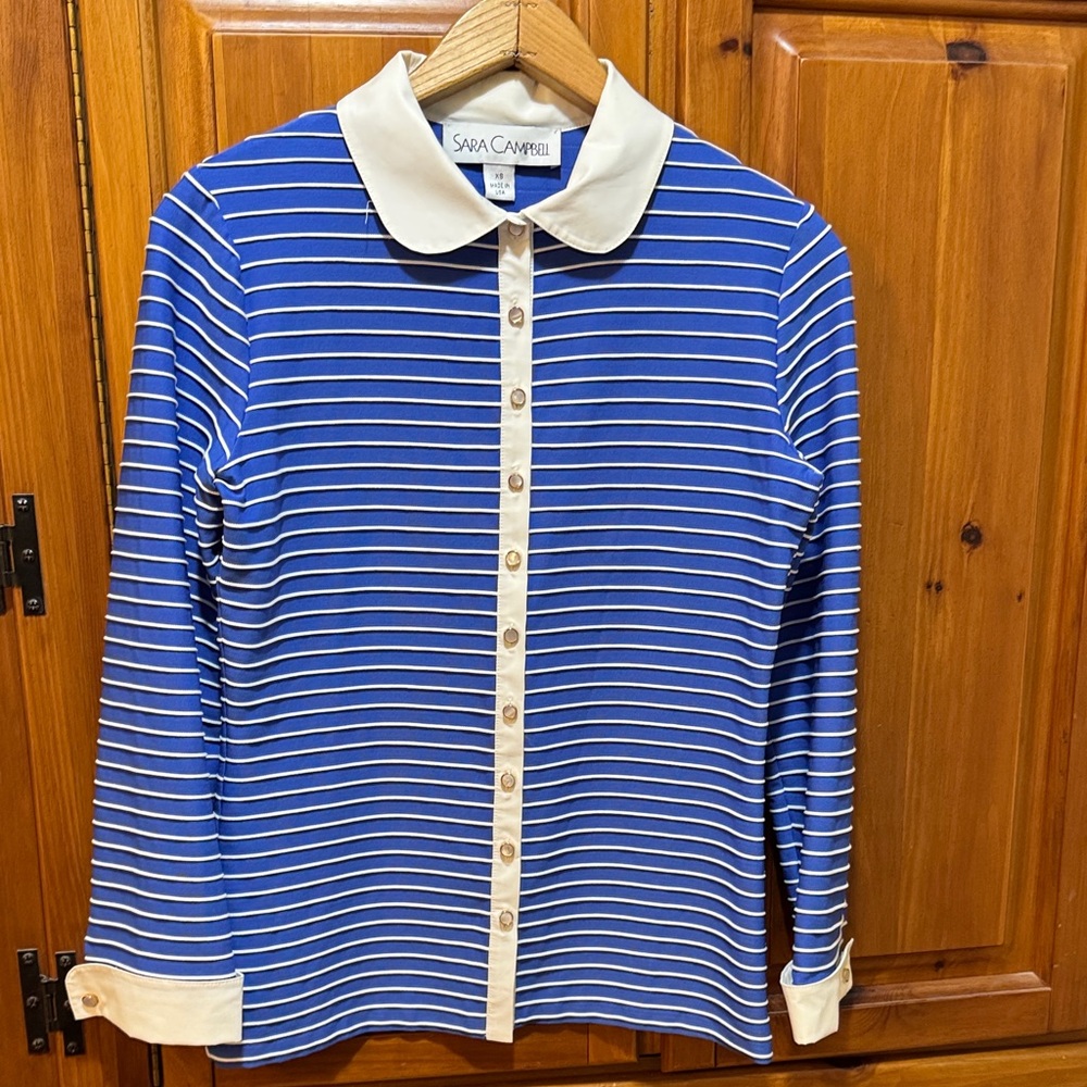 Sara Campbell Blue and White Striped Jacket or Shirt